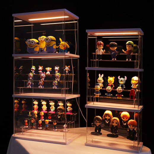 和北桌面泡泡玛特展示盒灯发光展示盒展示柜亚克力透明展示盒 中号顶灯带梯子两层jy6623dt