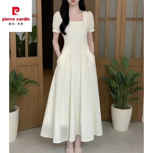 Pierre cardin has a gentle style French white dress for women 2025 summer new long skirt for tea break to make them look slimming 1585 apricot color short S 100Jin [Jin equals 0.5 kg] below