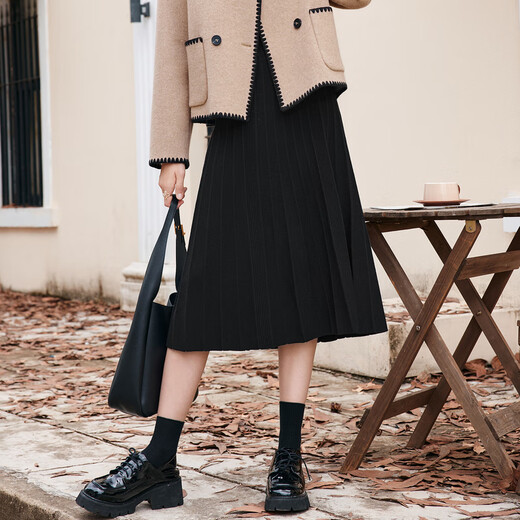 Betu women's autumn and winter new skirt French pleated high-waisted slim A-line knitted skirt for women 2310T76 black S (grey pre-sale shipped on 12/08)