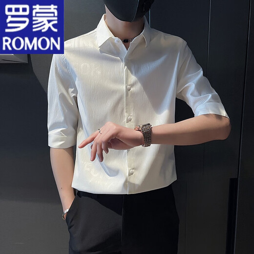 Romon High-End Ice Seide Hemd Herren kurzärmelige Sommer dünne halbärmelige Hemd Herrenmode hübsches Fünf-Punkte-Ärmel-Hemd weiß m