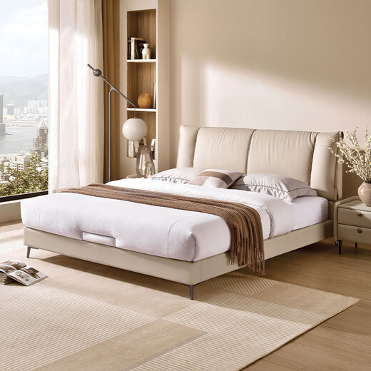 KUKA Time Film Leather Bed Double Bed Master Bedroom King Bed Luxury Version 8055 Milky Apricot Color 1.8 Meters Beijing Warehouse Shipping