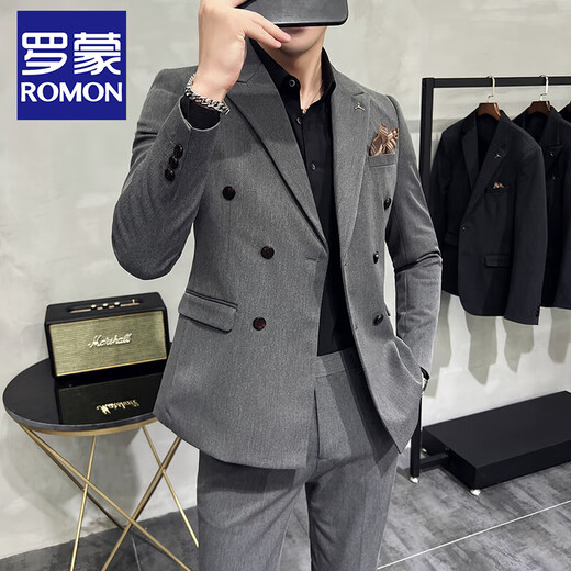ROMON white double-breasted small suit men's suit Korean version slim casual high-end suit jacket groom wedding dress white two-piece set XL