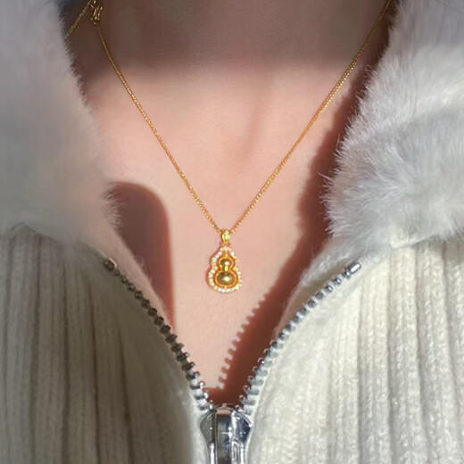Shien gold necklace 18K women's ancient gold Chopin chain 3D hard gold double-sided Fulu turning point diamond gourd pendant 2024 hot style gourd + bead chain