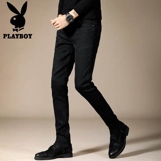 花花公子（PLAYBOY）黑色牛仔裤男士夏季新款潮流休闲韩版修身小脚长裤弹力商务裤子男 黑色 X-3071HH902 33
