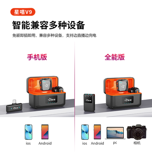 Star Sing Wireless Lavalier Microphone Mobile Live Radio Mini Microphone Outdoor Short Video Vlog Recording Microphone Intelligent Noise Reduction Lavalier Bee Microphone V9 One to Two Universal Version for Apple Android Phones