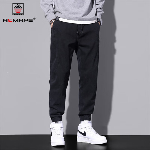 AEMAPE jeans men's trendy brand loose ties pinched pants men's 2025 spring and summer new style plush casual pants men 9859 black M