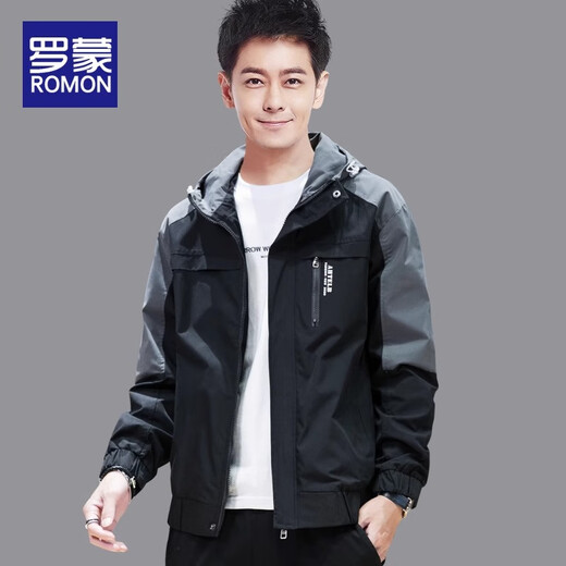 ROMON Jacket Men's 2025 Autumn and Winter Jacket Trendy Brand Workwear Velvet Top New Style Handsome Hooded Jacket Men's Black Gray 2117 Regular Style XL