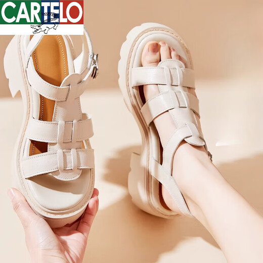 Cartelo Dick-Soled echte Ledersandalen für Frauen, mit weicher Fersen mit weicher Fersen ausgestellter Schwammschuhe, römisch gestrickte Frauenschuhe 2025 Neuer Sommer 9905 Schwarz [einfaches Einsatz-Obermaterial] 35