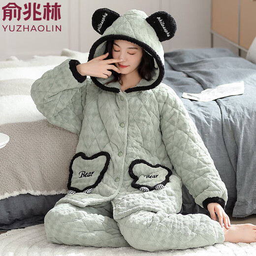 Yu Zhaolin-Pyjamas für Frauen im Winter Dreischichtig eingedickte Korallenmerze Baumwolle Schlampe Herbst und Winter Flanell Winter Baumwolljacke warme Hauskleidung 9221 XL