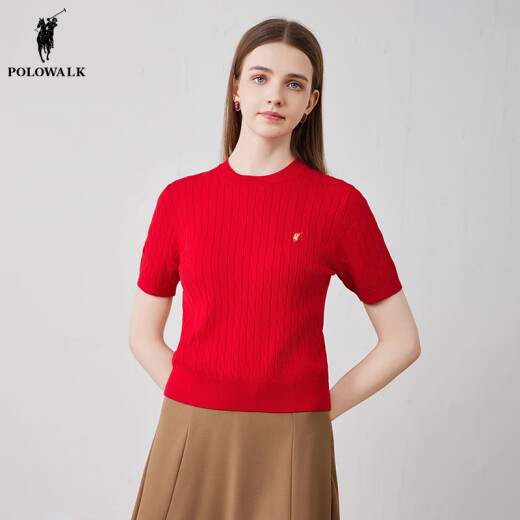 POLOWALK red sweater women's 2024 summer new temperament intellectual round neck Korean style cable short-sleeved sweater red S