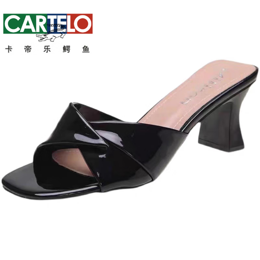 Cartelo crocodile (CARTELO) simulated leather sandals for women's outer wear 2025 summer new versatile thick heel fish mouth shoes high heel slippers off-white standard size 34