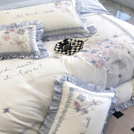 Mercury Series Small Fresh Cotton Washed Cotton Four-piece Set Girly Heart Flower Embroidery Lotus Leaf Lace Quilt Cover Pure Cotton Bedding Hot Sale-Xinjiang Cotton-Dielianhua-Mist Blue 1.8m Sheet Style Four-piece Set Quilt Cover 200*230
