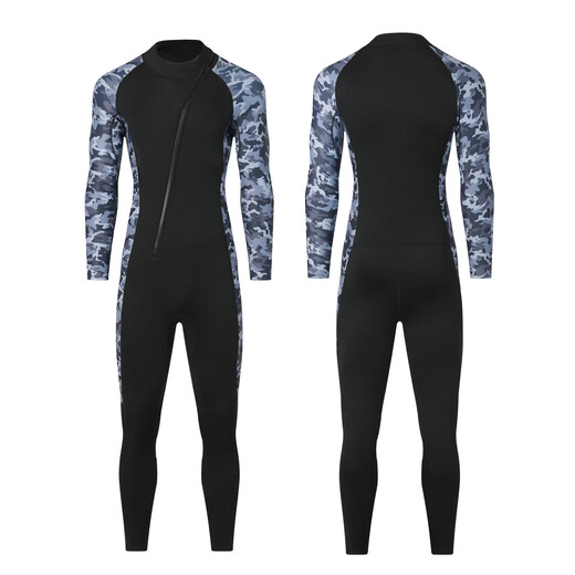 Cross-border 3MM one-piece wetsuit for men in the sea, cold-proof wetsuit, warm swimsuit, snorkeling paddle board surfing suit, rescue 3mm camouflage gray hooded S S