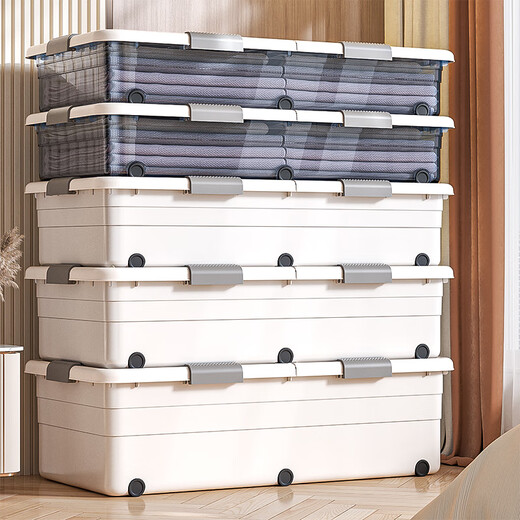 Yunduo under-bed storage box household flat pulley-type clothes storage box under bed storage box storage box length 100 width 52 height 30CM fixed buckle style - blue transparent upgrade