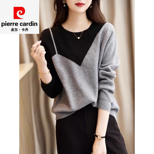 Pier Cardin Tempérament Coumor Couleur Faux Pull à deux pièces pour les femmes 2025 Pull de base Spring Loose Slim Sweater Round Couper Gris M 100-110JIN [Jin est égal à 0,5 kg]