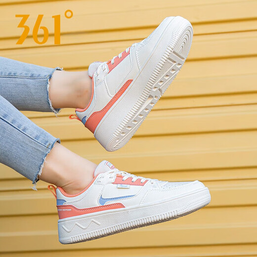 361 women's shoes, leather casual shoes 2025 summer new white shoes, waterproof skateboard shoes, height-enhancing sports shoes for women, feather white/pink orange 6623 35