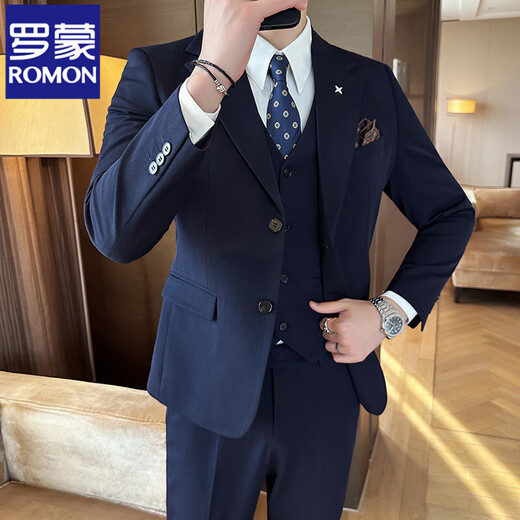 ROMON high-end suit suit men's slim large size suit business professional formal dress groom and best man wedding dress black suit + vest + trousers M