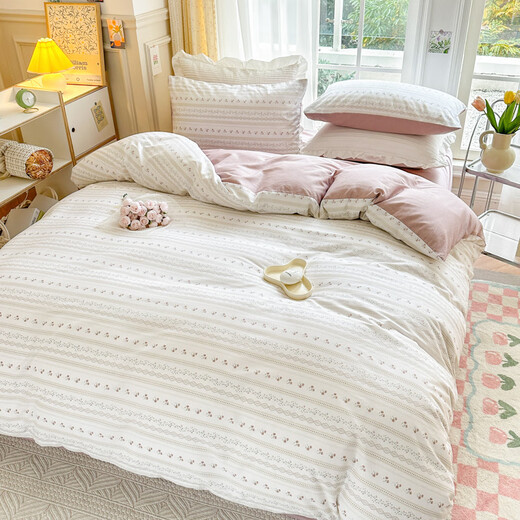 Yalu full cotton bed four-piece set 100% pure cotton printed sheets and quilt covers household quilt covers single and double bedding Cherry blossom [all cotton fabric suitable for naked sleeping] 1.8m bed cover four-piece set-quilt cover 200*230cm