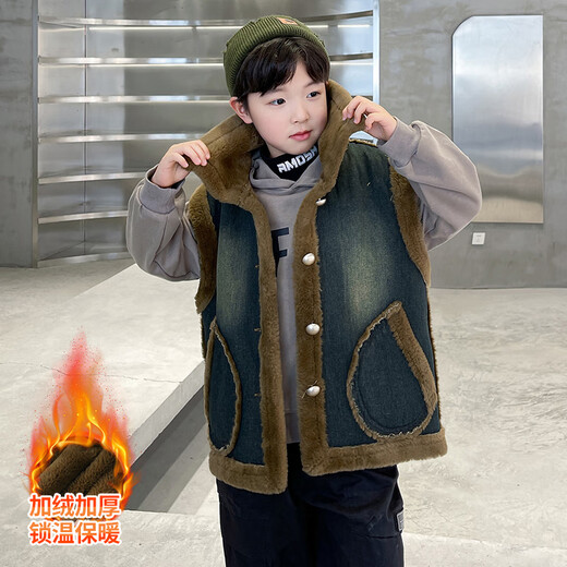 Fairy Tale Classroom Children's Thickened Denim Vest Jacket to Wear 2024 Winter Boys' New Warm Vest for Medium and Large Children Blue 160cm Recommended height is around 145-155cm