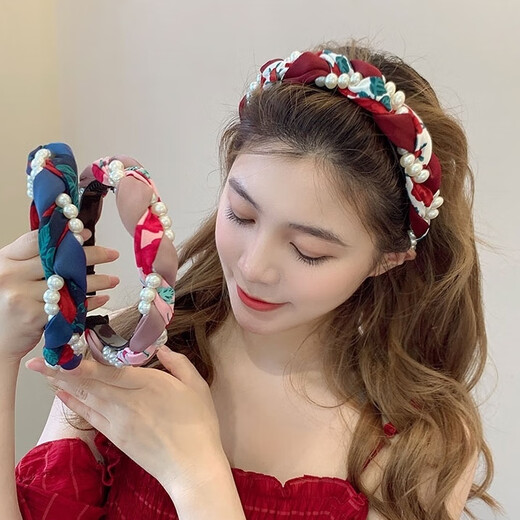 Beautiful Princess Korean version of high-end retro pearl twist headband, feminine wide-border non-slip toothed hairpin headband, high-end headwear 1# pearl twist red