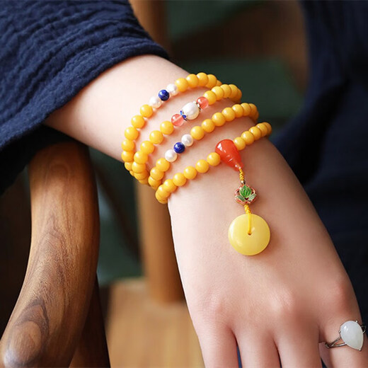 Longyin Beeswax Bracelet Amber Bracelet Women's Birthday Honey Chicken Butter Yellow Multiple Circles 6mm Jade Birthday Gift YJ 6mm