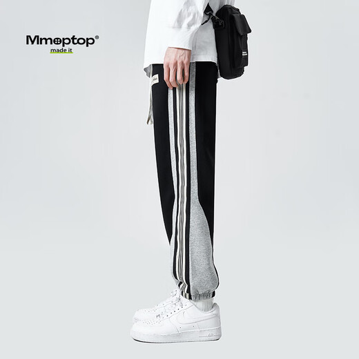 MMOPTOP潮流条纹束脚裤子男春夏季宽松阔腿运动休闲长裤CK652 黑色 L