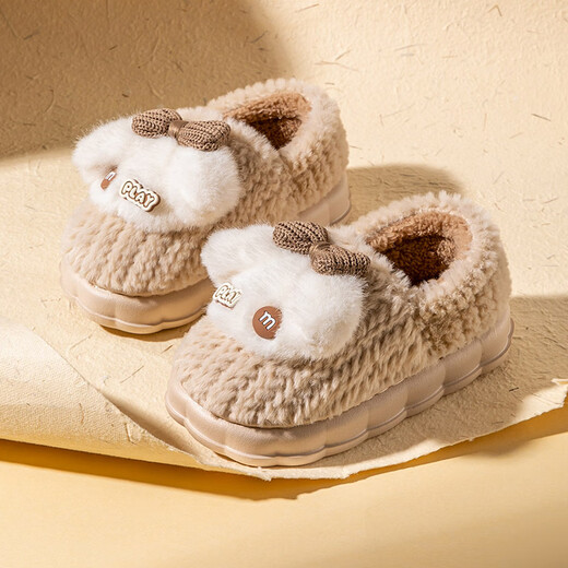 京东京造时尚包脚儿童棉拖鞋男女童毛绒蝴蝶结包跟保暖棉拖鞋卡其色30-31