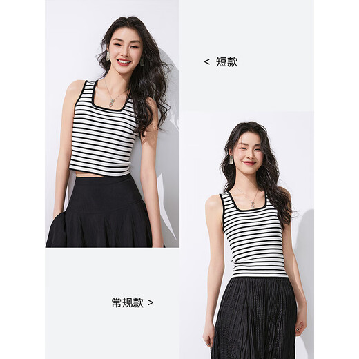 初棉醋酸棉方领背心女夏季基础条纹短款打底吊带修身显瘦 宽肩带 黑白条纹 S