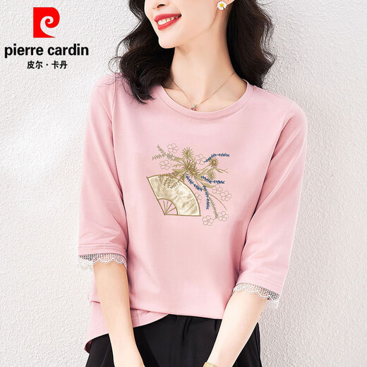 皮尔卡丹（pierre cardin）纯·棉国中袖t恤女士七分袖宽松新中式春秋夏季2025新款上衣 W6205白色+W6172灰粉 XL (建议120-135斤)