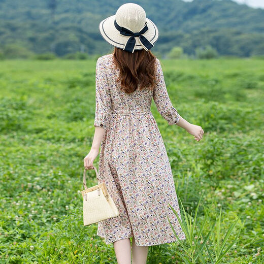 Jymmu Guangzhou Dreizehn lange Frauenkleid High-End-Sommer-Baumwolle und Linien Neue Stiltemperatur siebenmini-Sleeve Blumenrock für Frauen Big Beige L 115-125jin [Jin entspricht 0,5 kg]