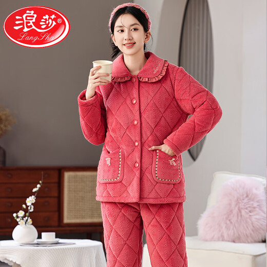 LangSha pajamas women's new winter coral velvet three-layer cotton thickened warm mother middle-aged and elderly home clothing set 9902# shrimp powder L [Suggested 90-115Jin [Jin equals 0.5 kg]]