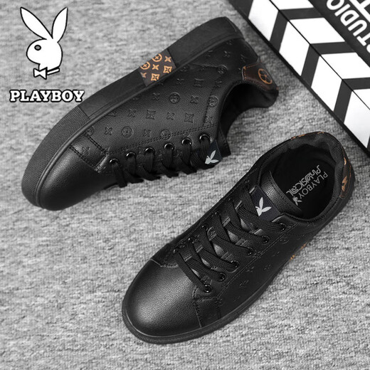 Playboy men's shoes 2025 autumn and winter new casual shoes men's high-end sneakers plus velvet business British leather shoes for men black 41