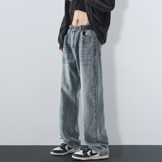 MAYBEYOND Jeans Men Summer Loose Casual Straight Pants Trendy American Pants Men MA73 Retro Blue 2XL
