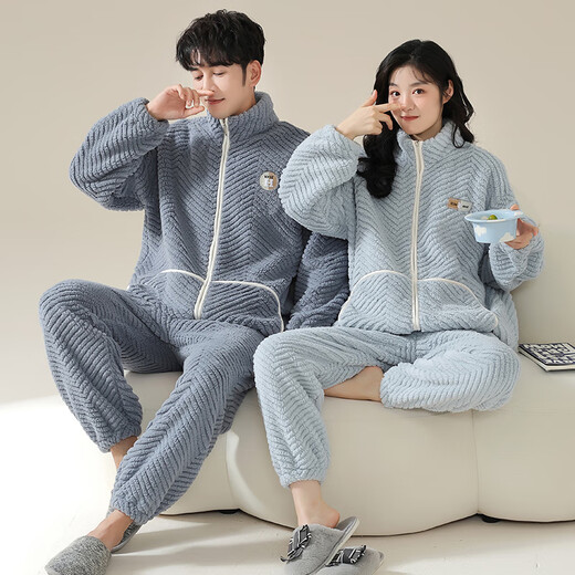 
Delia couple pajamas for women in autumn and winter coral velvet thickened cardigan loose flannel pajamas pants men's home clothing suit M9871 M women