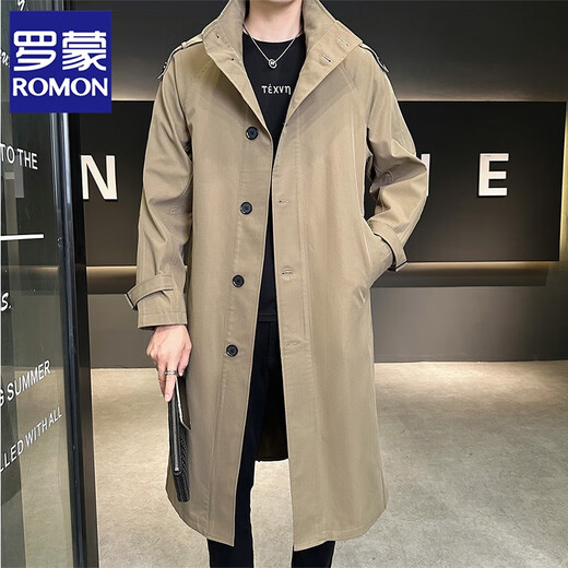 罗蒙（ROMON）卡其色风衣外套男秋冬中长款早秋薄款宽松休闲立领克鲁苏文职大衣 卡其色 L 【建议160斤以内】