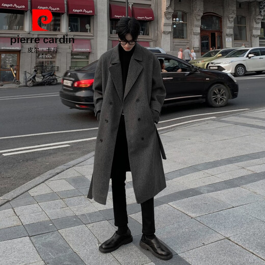 Pierre Cardin double-breasted extra-long coat for men over the knee, autumn and winter, slightly wide, British style, high-end, mid-length, high-heeled woolen windbreaker, trendy, dark gray M