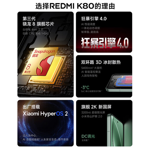 小米REDMI 红米K80 国家补贴 5G手机 第三代骁龙8 IP68防尘防水 6550mAh大电池 小米澎湃OS 山峦青 12GB+256GB