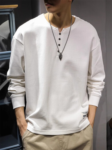Yingtang autumn heavy cotton men's long-sleeved T-shirt loose large size American casual Henry collar bottoming shirt white M 90-130Jin Jin equals 0.5 kg