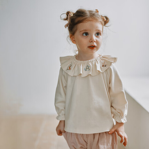 OAK FAMILY spring and summer pure cotton new children's long-sleeved solid color lotus leaf collar top girl baby shirt Mi Xing 110 cm