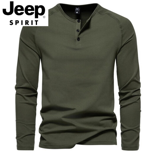 JEEP SPIRIT Spring and Autumn Men's Pure Cotton Henley Collar Long Sleeve T-Shirt Youth European and American Simple Elastic Slim Solid Color Versatile Bottoming Shirt Dark Gray XL 140-160Jin Jin is equal to 0.5 kg
