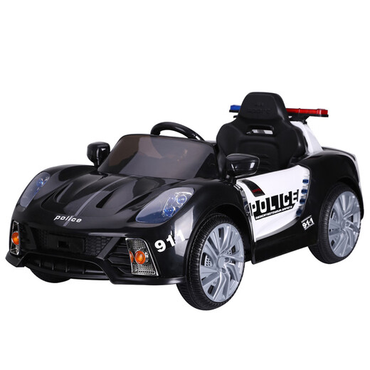 Obel children's electric car can sit in a police car four-wheel stroller swinging baby with remote control off-road vehicle toy elegant black + five-point leather seat cushion