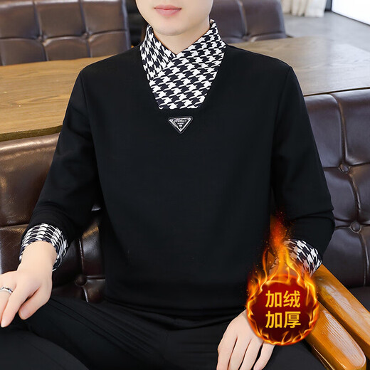 Fellows velvet thickened sweatshirt men's autumn and winter Henry collar color matching fake two-piece trendy warm long-sleeved winter bottoming shirt K930 white XL (135-150Jin Jin is equal to 0.5kg)