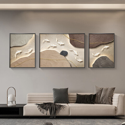 美优淳 九鱼图客厅装饰画侘寂风肌理沙发背景墙挂画简约高级感三联壁画 JD12173 左右40*60中80*60晶瓷金属黑框