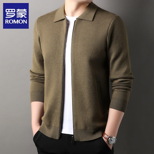 罗蒙男士开衫毛衣宽松翻领线衣春秋季简约百搭含羊毛针织衫外套男装潮 古月绿色 L 175 【适合135-150斤】