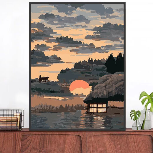 中国风山水数字油画diy填色日落晚霞风景客厅餐厅手工装饰画 YF-829  高山耸立 60*75cm笔+颜料+内框