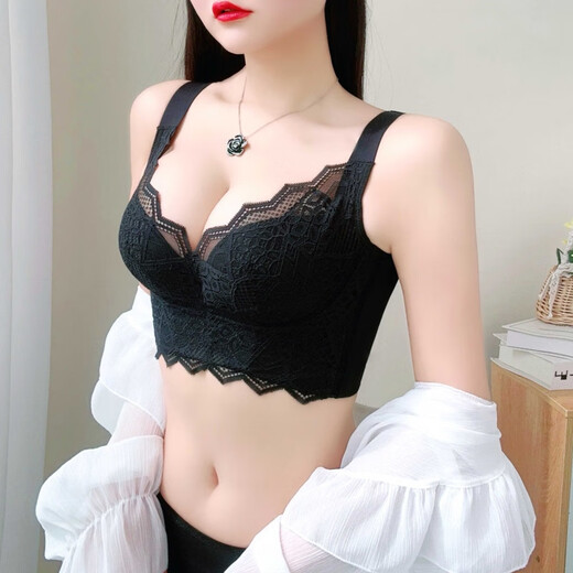 Modal wire-free adjustable bra, small breast push-up, secondary breast anti-sagging bra, five-breasted bra, black bra + panties 70A