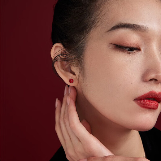 Xinshe S999 pure silver cinnabar earrings for women, pierced ears, red bead earrings, fashion jewelry, birthday gift for girlfriend, 8MM two