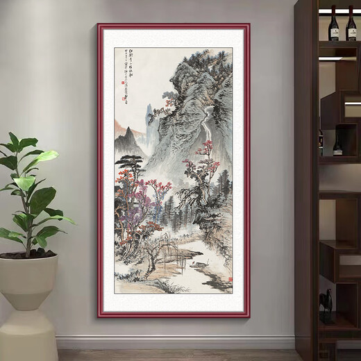 Manyu green silk ink painting landscape painting entrance door facing the entrance hall decorative painting corridor aisle wall mural vertical hanging painting without punching GB109 Huang Junbi-Smoke Valley Cloud Mountain Picture 53*103cm red walnut wood grain aluminum frame + flash silver cloth