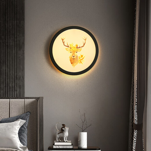 Yilin 2023 new wall lamp bedroom living room European and Chinese style painting staircase light luxury creative decoration Internet celebrity background wall bedside lamp double deer plus tree-monochrome warm light