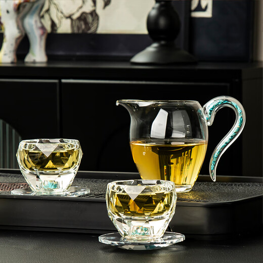 Good Kiln Turquoise Crystal Glass Tea Set High-end Household Kung Fu Tea Set Covered Bowl Tea Cup Complete Gift Set Turquoise 16-head Crystal Covered Bowl Set 16 Pieces